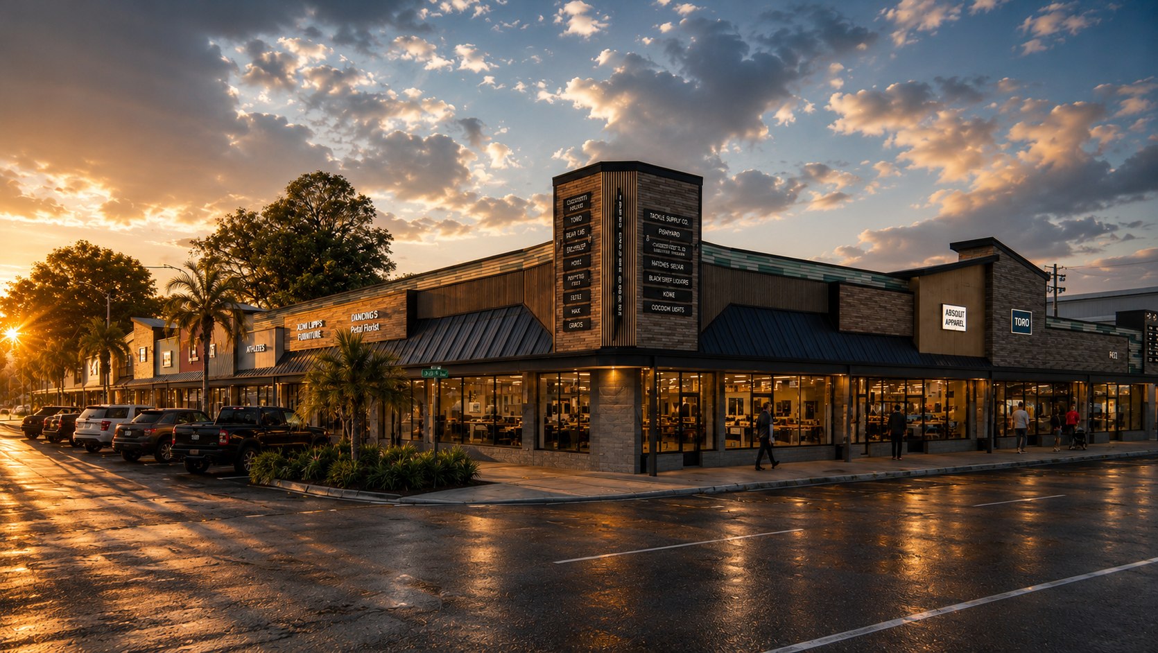 GDC commercial retail plaza at dusk