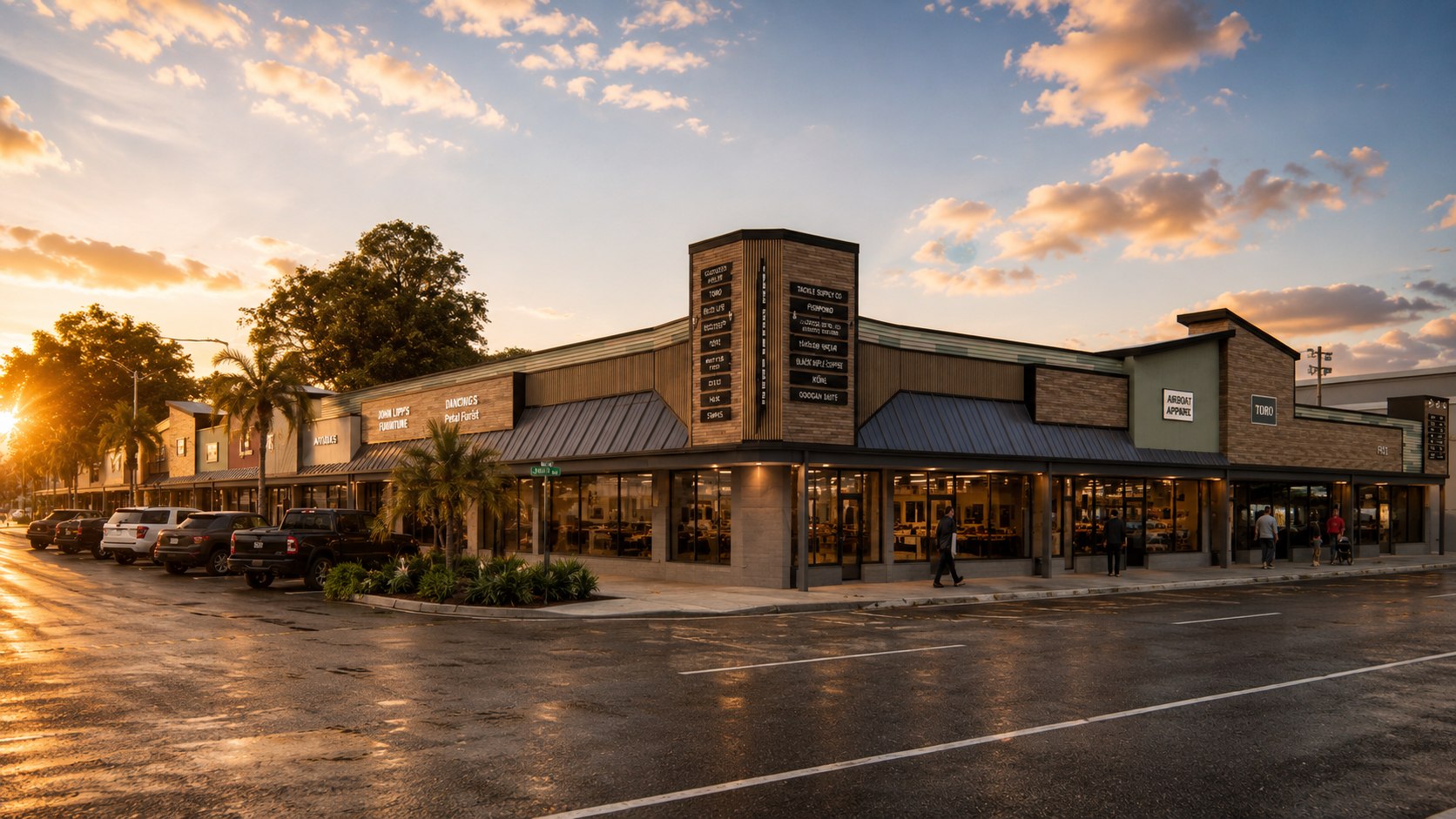Modern commercial retail center at sunset by GDC