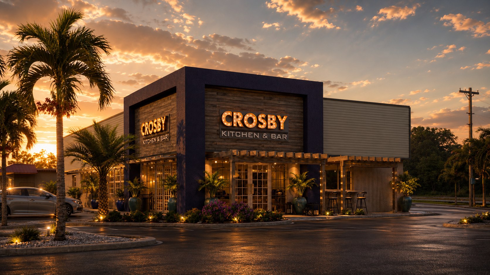 Restaurant exterior at sunset designed by GDC