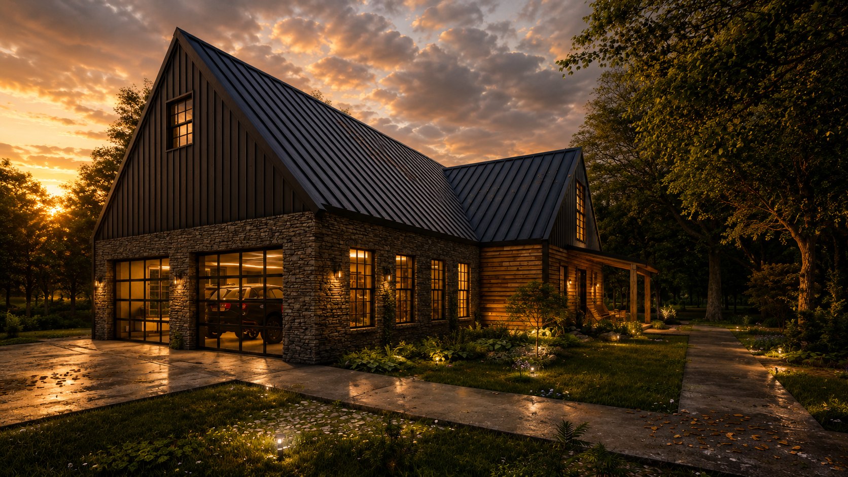 Custom barndominium residence at sunset by GDC