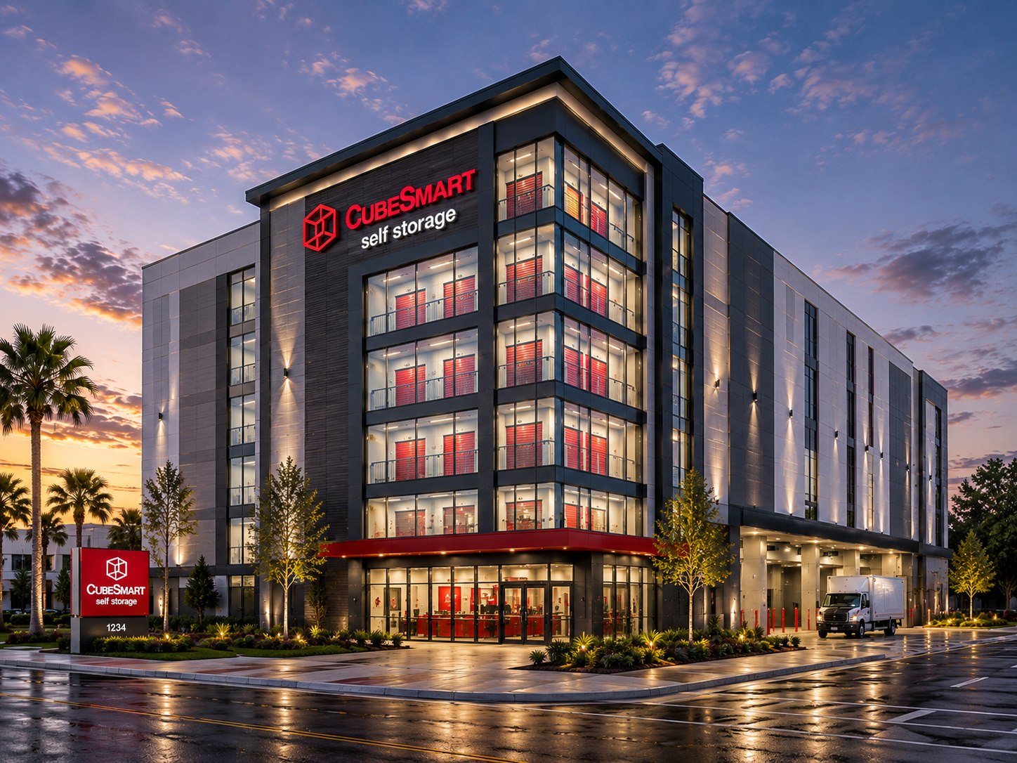 GDC self-storage facility rebrand at dusk