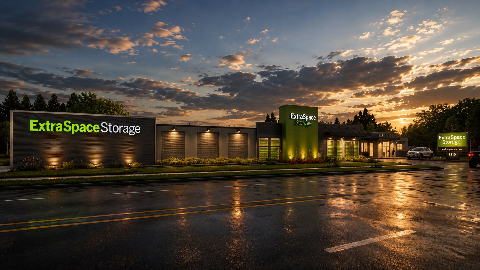 GDC single-story self-storage facility at dusk