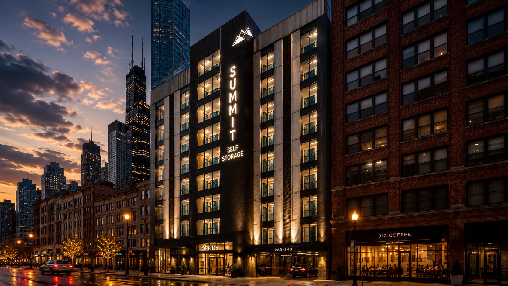GDC urban multi-story self-storage facility at dusk