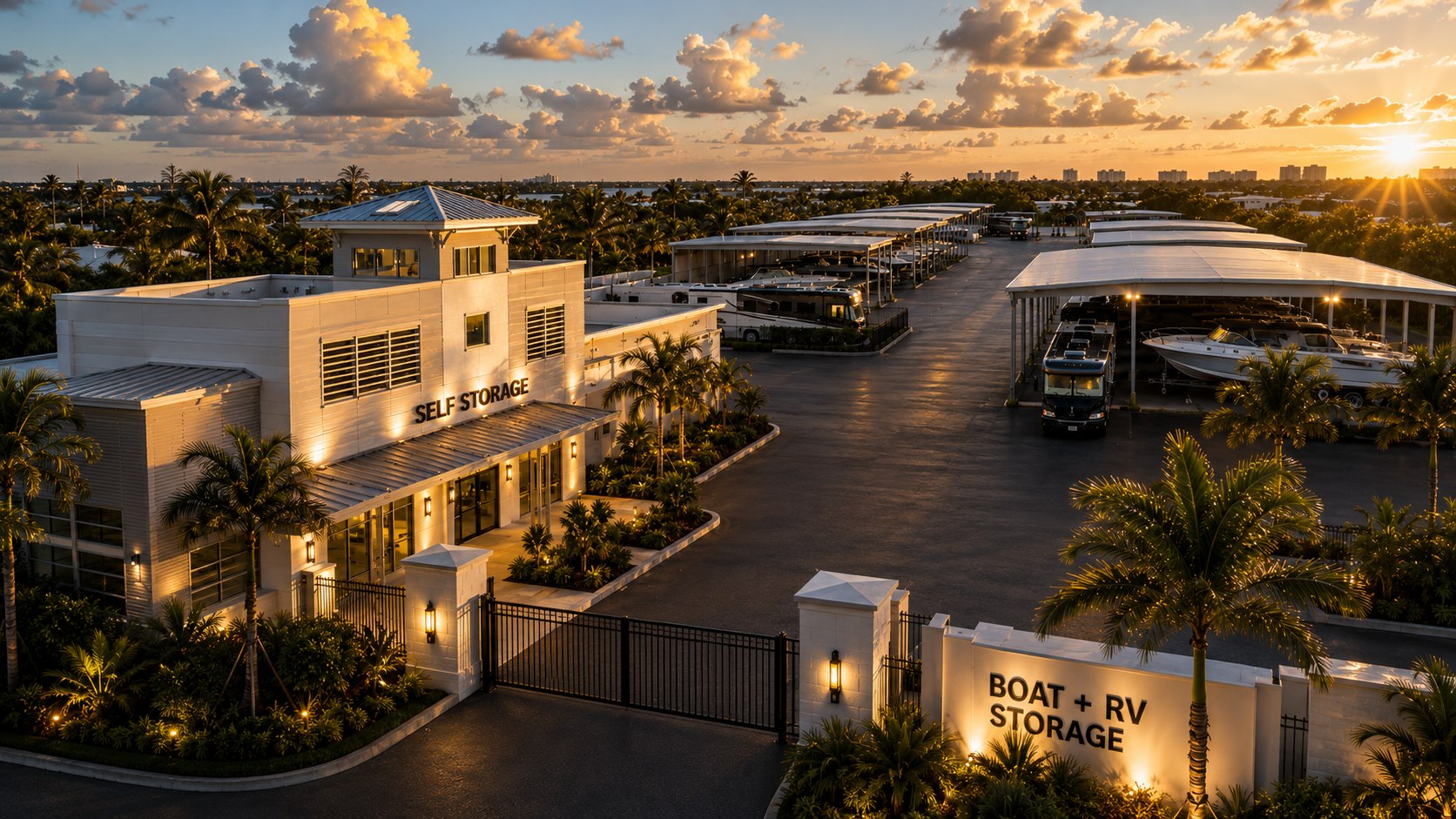 GDC boat and RV self-storage facility at sunset