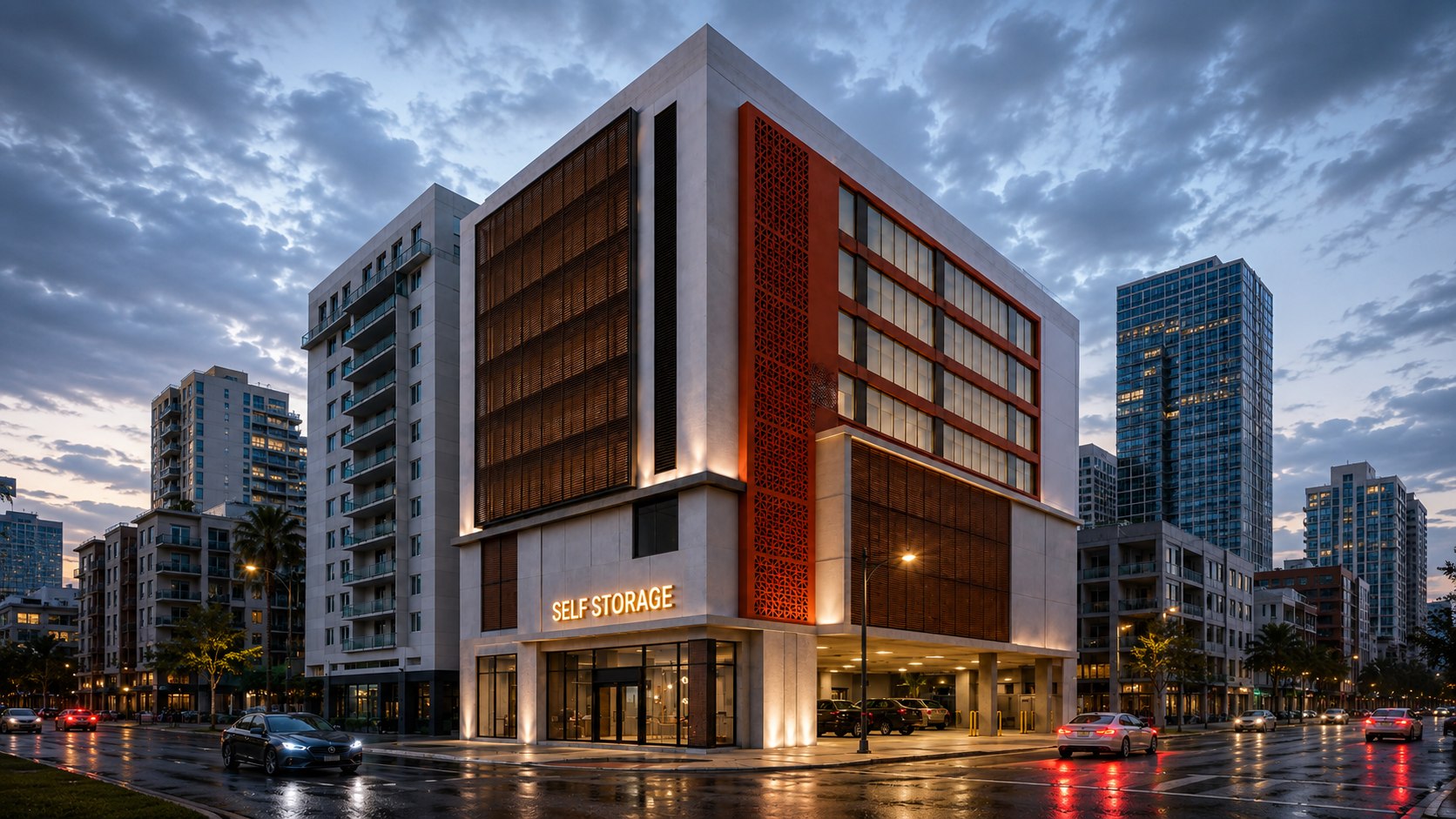 GDC urban self-storage facility at dusk
