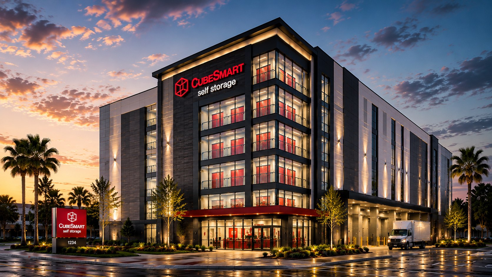 GDC multi-story self-storage facility rebrand at dusk